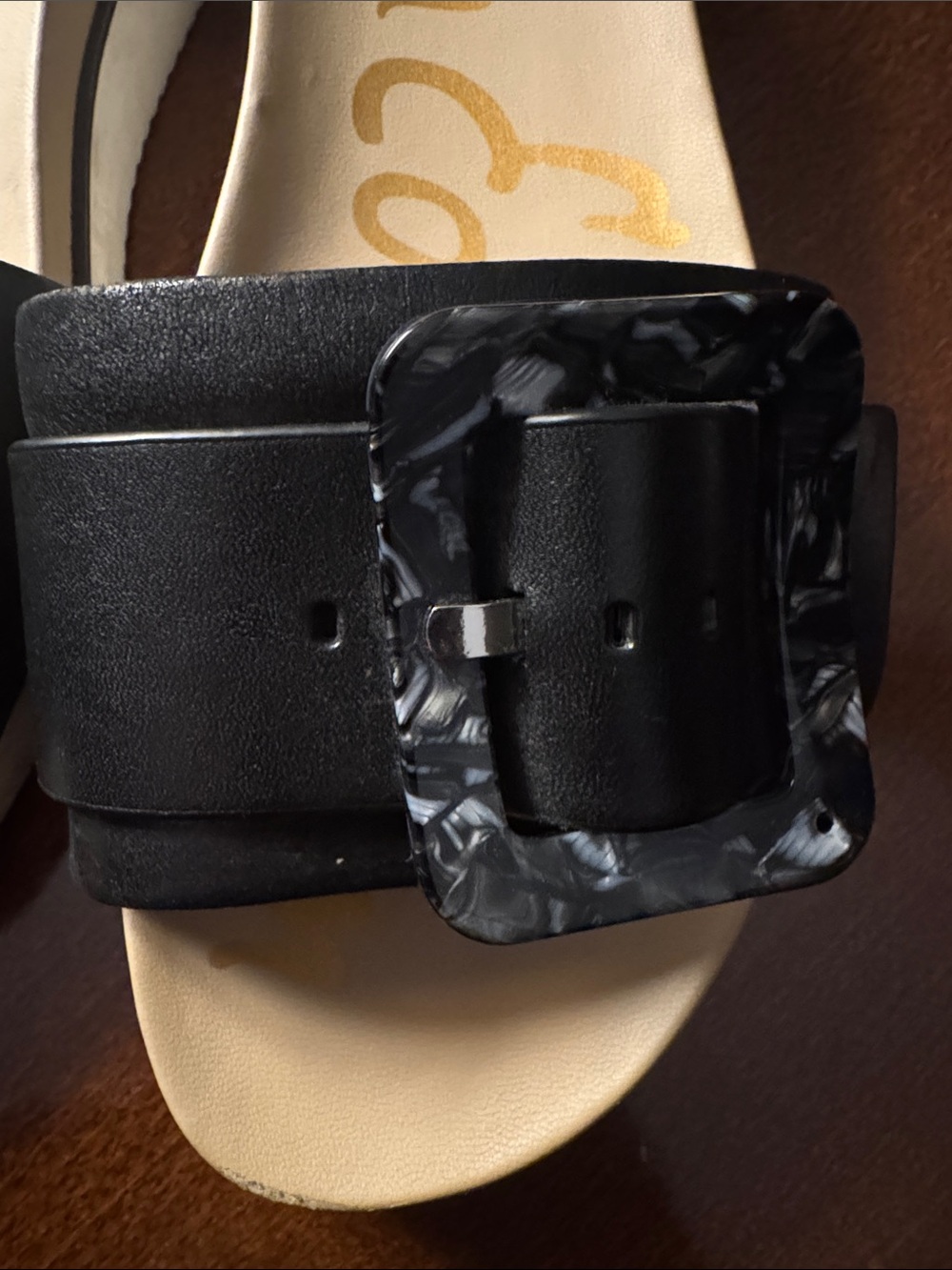 Sam Edelman Black Slide Sandals with Tortoiseshell Buckle Accent